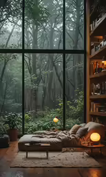 a bedroom with a big glass window showing the forest outside