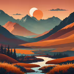 a landscape of mountains and a river at sunset,a painting of a mountain landscape is shown