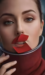 a girl with red lips is wearing a scarf and lipstick on her nose