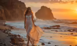 a beautiful woman in a white dress walking down a beach