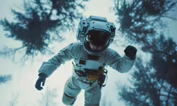 a man with an astronaut suit, a helmet, and gloves flies through the sky between trees