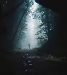 man with a camera walking into the dark woods