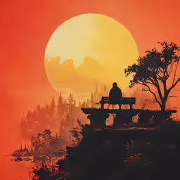 a lone man sits on a bench overlooking a beautiful sunset