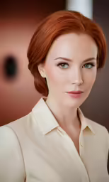 a beautiful woman with red hair in a cream shirt