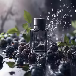 a glass bottle surrounded by berries and leaves