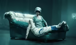a woman laying on top of a blue couch