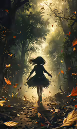 a girl is walking in the woods