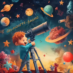 a child looking into a telescope at space