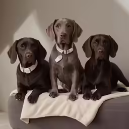 three dog standing next to each other on a blanket