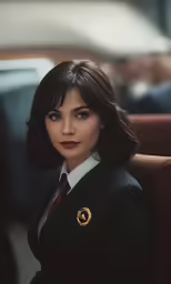 a woman with dark brown hair wearing a black and white blazer
