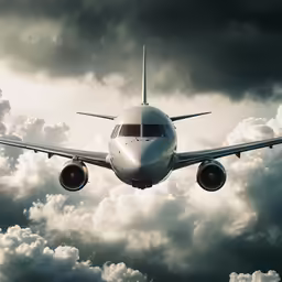 the airplane is flying high in the cloudy sky