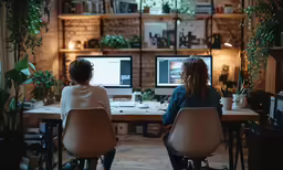 two people sitting at desk with computers on each of them