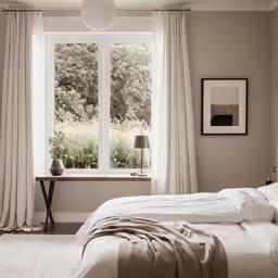 a bedroom with a large window overlooking a garden