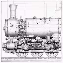 an old fashioned train drawing with many different parts on it