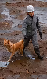 a man is in a uniform walking his dog