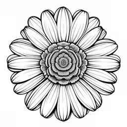 an image of a flower with a white background,a very detailed flower with spiral petals in the middle,a daisy flower that is very big,a black and white daisy flower in a circular shape,black and white drawing of an ornate flower