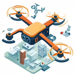 an orange djroo hover flying above some buildings and other objects