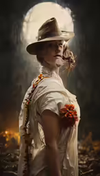 a woman in an old fashion outfit with flower accents