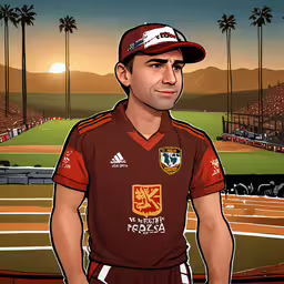 a digital painting of a man standing at a tennis court,a man in brown is standing next to a tennis court