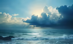 waves roll onto the beach in front of a cloud filled sky