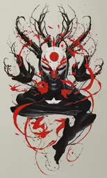 a picture of a demon, with red paint splatches all over it