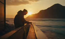 a person standing at a railing and looking at the sunset