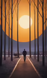 a man walking down a sidewalk in the middle of a park with trees