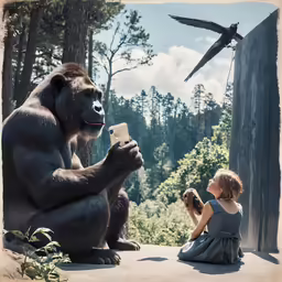 there is a woman and a gorilla sitting on a rock