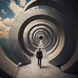 a person in a suit is walking into a tunnel