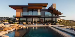 the water features a pool and deck on top of a house