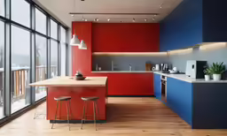 the kitchen counter has stools by the counters