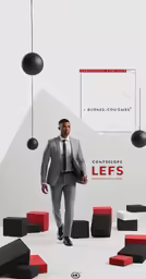 a man is walking among red, black, and white shapes