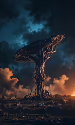 an artistic photograph of a tree with flames flying around