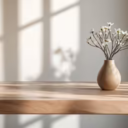 a wooden table topped with a vase filled with flowers