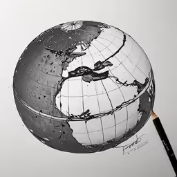 a drawing with a black and white earth globe