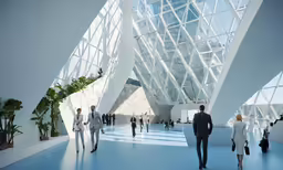 this image shows a lobby with white architecture