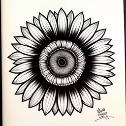 a black and white drawing of a sunflower,a black and white picture of a sunflower