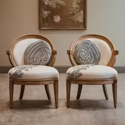 two chairs in front of a wall with flowers
