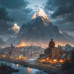 the man sits on top of a rock over a small town