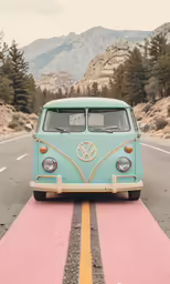 a blue vw van is on the road in mountains