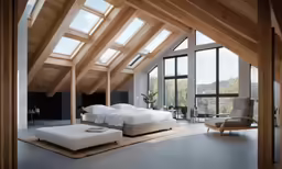 a loft space with high vaulted ceiling and bed in between