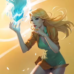 a drawing of a woman holding up a blue flower