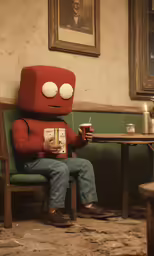 a red figure with two eyes sitting on a green chair holding an open can