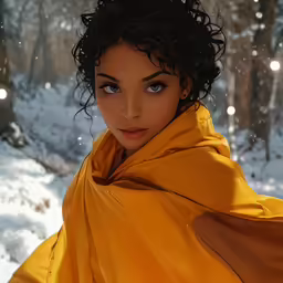 a woman in yellow is posing in the snow