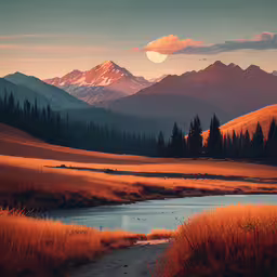 a very scenic scene of a small pond surrounded by grass,the moon shines brightly on the mountains and valleys