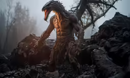 a person with very large, creepy looking arms is standing in the forest