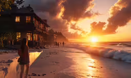 a beautiful woman walking along a sandy beach next to a house