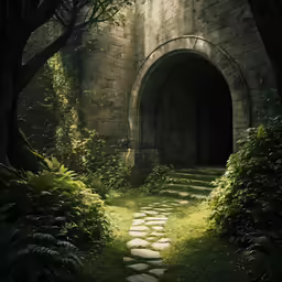 an old tunnel with grass and stepping stones between trees