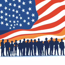 people stand in front of an american flag