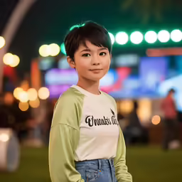 an asian girl is smiling while standing outdoors